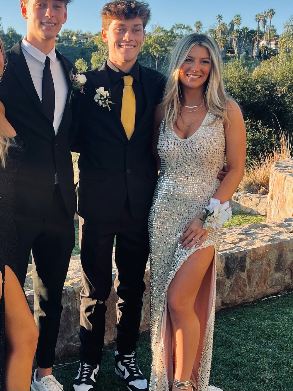 Retrofete Silver Sequin Prom Gown with High Slit